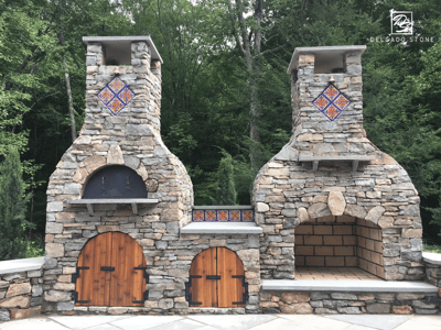 Outdoor Fieldstone Dark Fireplace