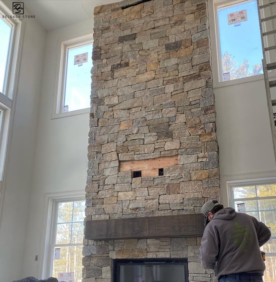 Colonial Tan Ashlar Natural Stone Interior Fireplace