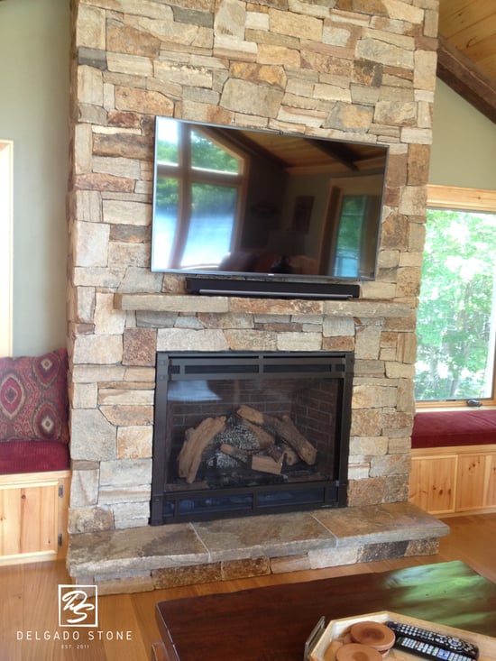 Colonial Tan Ashlar Fireplace with TV