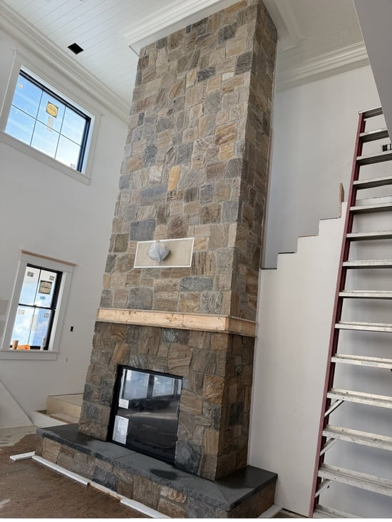 Sterling Tan Roughly Square & Rectangles Natural Stone Veneer Fireplace Design