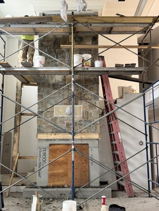 Natural Stone Fireplace Featuring Sterling Tan Roughly Squares & Rectangles in progress