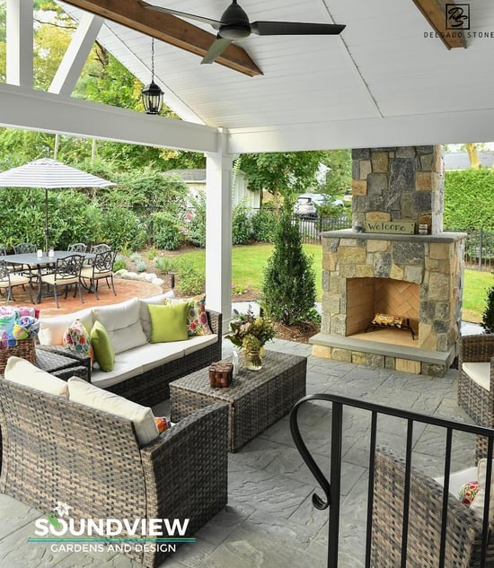 Outdoor patio space with Connecticut Blend Fireplace