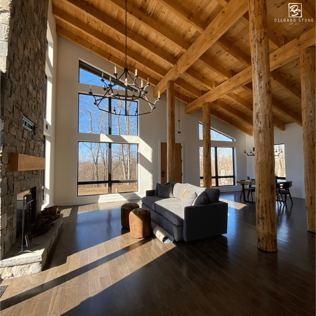 Main living area with Fieldstone Dark Fireplace