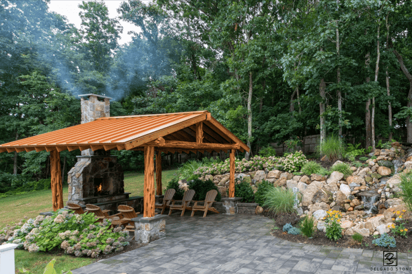 Pergola and Stone Fireplace