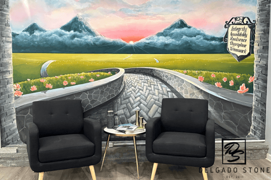 Company journal mural in Delgado Stone lobby by artist Michaela Penna.