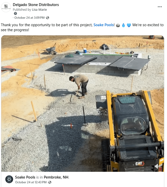 Delgado Stone sharing a tagged post and video from Soake Pools mentioning them.