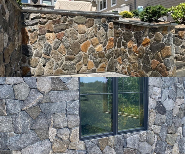 two walls with natural stone veneer.