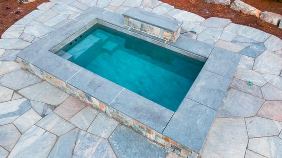 Soake Pools with CT Blend Squares & Recs, Liberty Hill Sawn Flagstone, and American Mist Treads